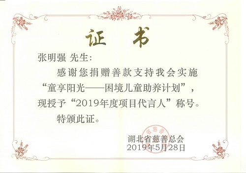 湖北省慈善總會頒發(fā)的2019年度”童享陽光-關愛困境兒童“捐贈證書(1).jpg